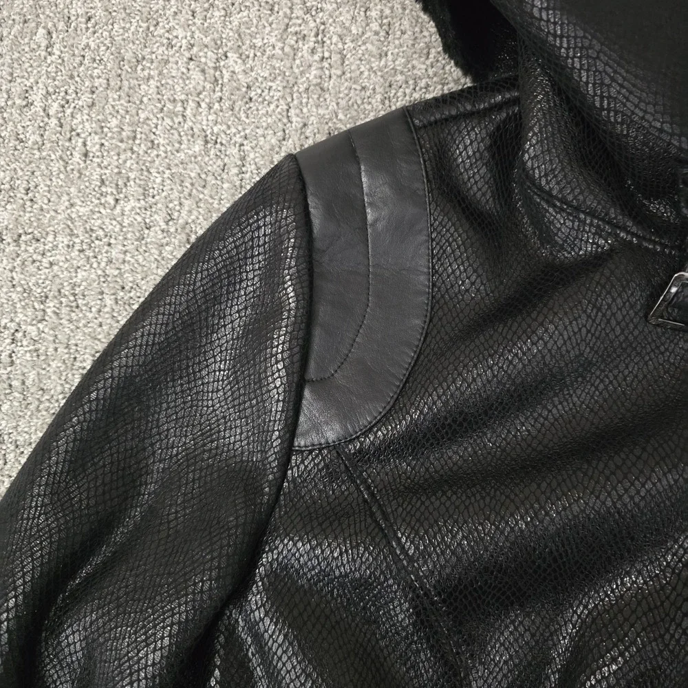 VTG Cache Faux Snakeskin Shimmer Leather Fur Trim Zip Jacket Womens‎ L